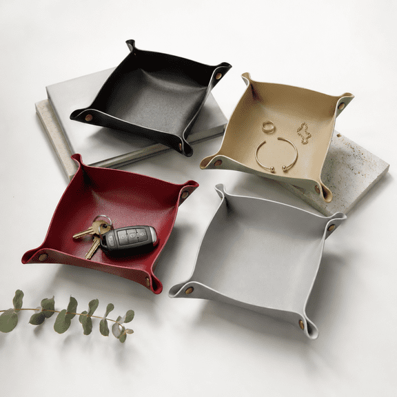 Foldable PVC Leather-Look Valet Tray, Nordic Desktop Storage Organizer for Keys, Jewelry, Remote Controls and Cosmetics