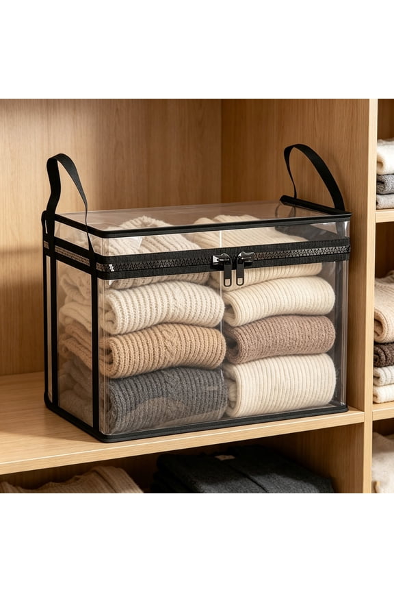 Foldable PVC Storage Box, Transparent Zipper Bin for Clothing, Waterproof Organizer with Reinforced Handles