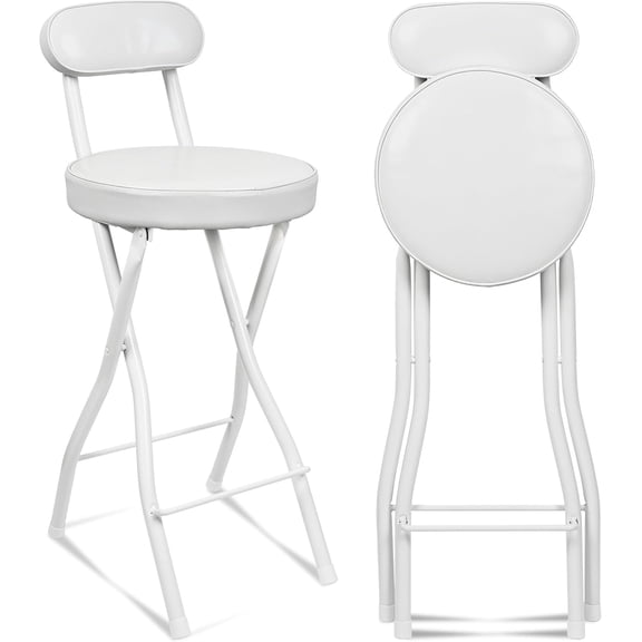 Foldable Padded Bar Stool with Backrest  Counter-Height Portable Stool for Kitchen Island or Guitar Use (White, 25.5-Inch Seat Height, Metal Frame, 290-Pound Capacity)