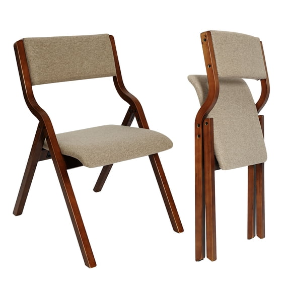 Foldable Padded Chairs Set of 2 with Solid Wood Frame Legs, Light Coffee