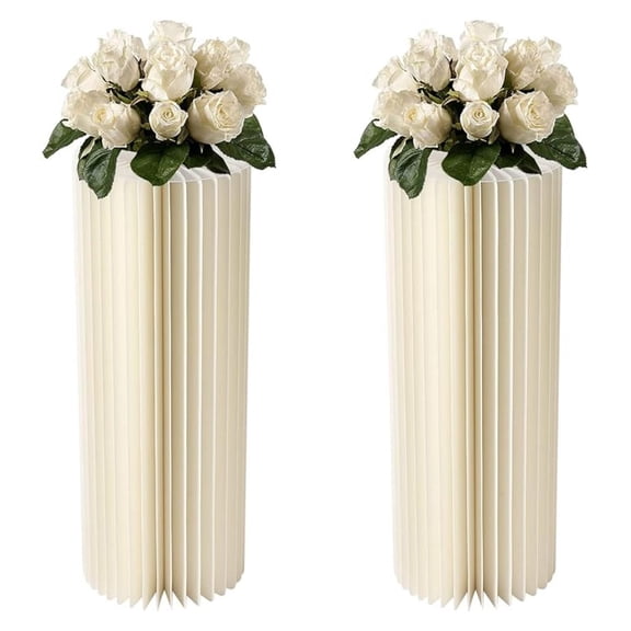 Foldable Paper Columns 2 Pcs Display Pedestals, Cream White Wedding Centerpieces Display, Cylinder Flower Stand, Paper Pillar for Engagement Birthday Party Decoration - XL