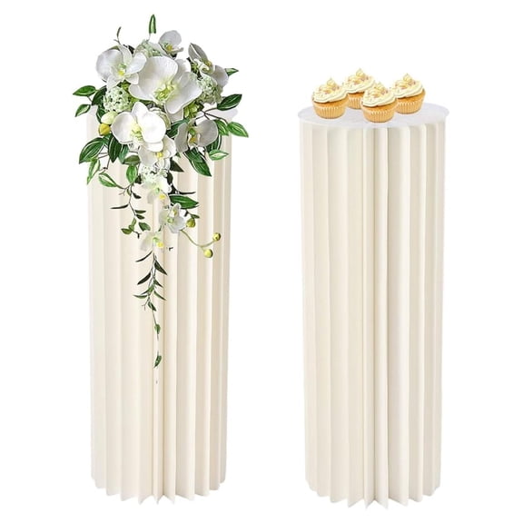 Foldable Paper Columns 2 Pcs Display Pedestals, Cream White Wedding Centerpieces Display, Cylinder Flower Stand, Paper Pillar for Engagement Birthday Party Decoration - 20 Folds, XL