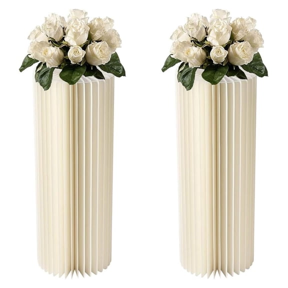 Foldable Paper Columns 2 Pcs Display Pedestals, Cream White Wedding Centerpieces Display, Cylinder Flower Stand, Paper Pillar for Engagement Birthday Party Decoration - XL