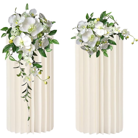 Foldable Paper Columns 2 Pcs Display Pedestals, Cream White Wedding Centerpieces Display, Cylinder Flower Stand, Paper Roman Pillar for Birthday Party Decoration