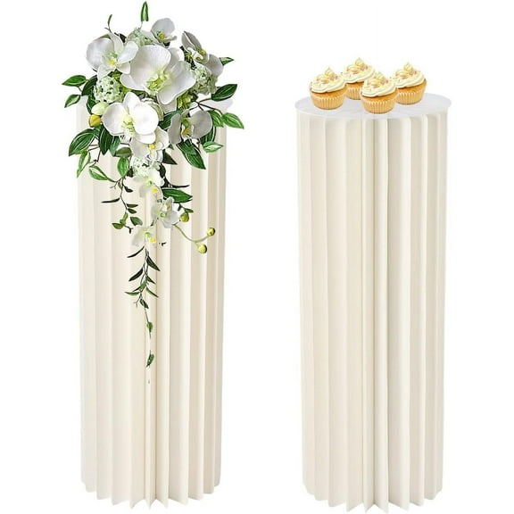 Foldable Paper Columns 2 Pcs Display Pedestals, Cream White Wedding Centerpieces Display, Cylinder Flower Stand, Paper Roman Pillar for Engagement Birthday Party Decoration - 20 Folds, XL