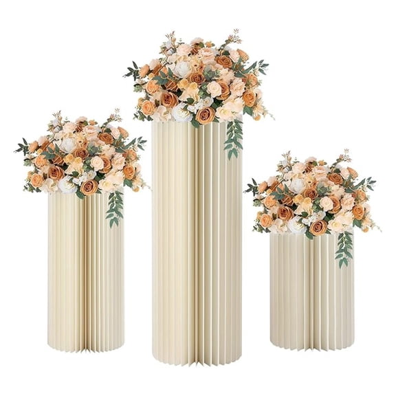 Foldable Paper Columns 3 Pcs Display Pedestals, Cream White Wedding Centerpieces Display, Cylinder Flower Stand, Paper Pillar for Engagement Birthday Party Decoration - M+L+XL