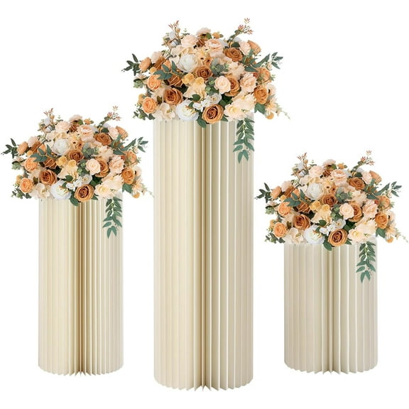 Foldable Paper Columns 3 Pcs Display Pedestals, Cream White Wedding Centerpieces Display, Cylinder Flower Stand, Paper Roman Pillar for Engagement Birthday Party Decoration - M+L+XL