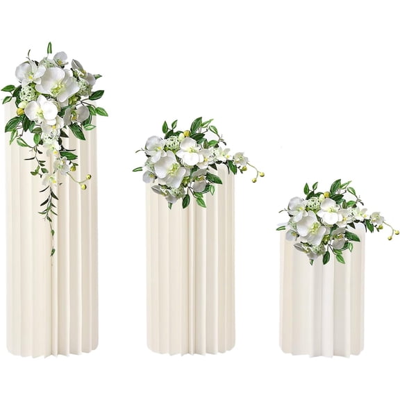 Foldable Paper Columns 3 Pcs Display Pedestals, Cream White Wedding Centerpieces Display, Cylinder Flower Stand, Paper Roman Pillar for Engagement Birthday Party Decoration - 20 Folds, M+L+XL