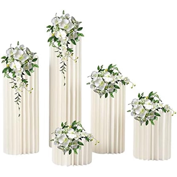 Foldable Paper Columns 5 Pcs Display Pedestals, Cream White Wedding Centerpieces Display, Cylinder Flower Stand, Paper Roman Pillar for Engagement Birthday Party Decoration - S+M+L+XL+XXL