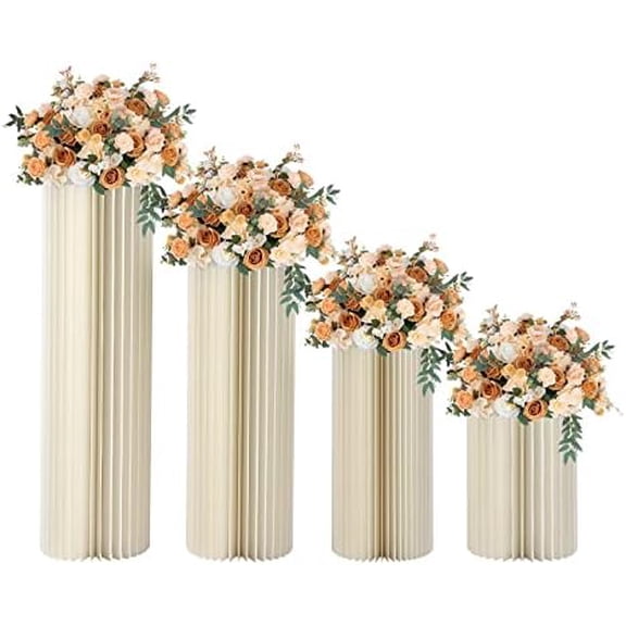 Foldable Paper Columns Display Pedestals Stands Wedding Centerpieces Cardboard Vases Flower Vase Flowers Stand Elegant Weddings Decoration Table Cylinder Centerpiece Stand Cream White