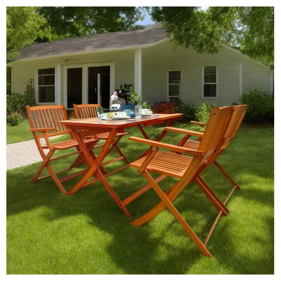 Foldable Patio Dining Set, 4 Folding Chairs & 1 Dining Table, Indoor and outdoor universal,Teak Oak + Solid Wood