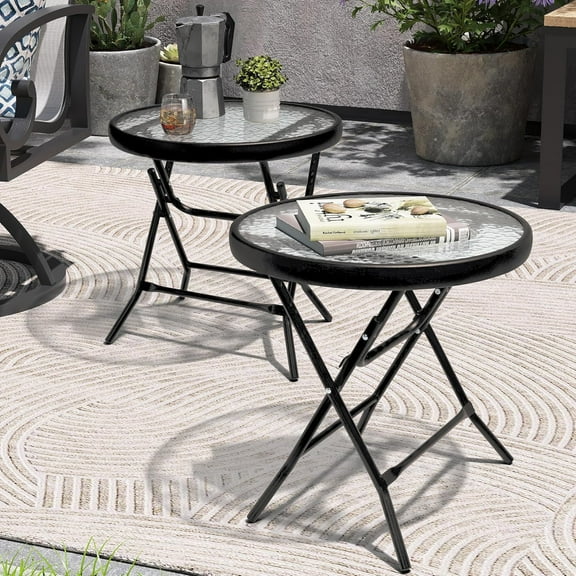 Foldable Patio Side Table Set of 2 with Tempered Glass Top 18" Folding Outdoor Side Tables Set of 2 Small Glass Patio End Tables for Porch Yard Balcony Deck Lawn Dining Garden