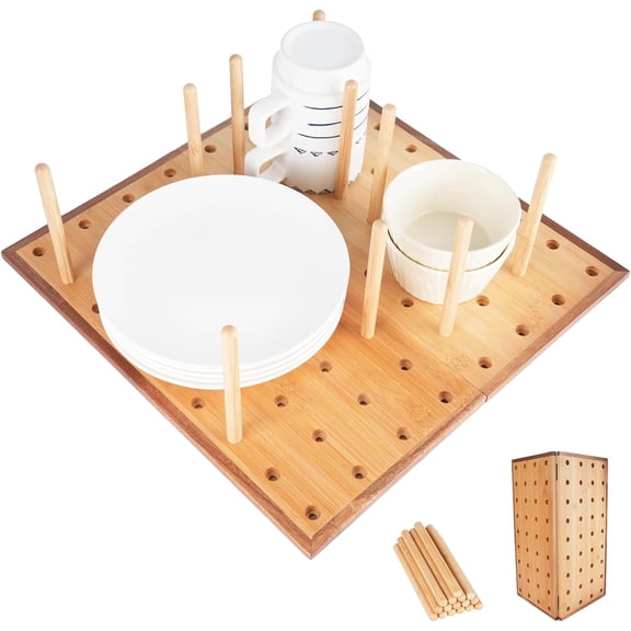 Foldable Pegboard Organizer for Kitchen  Bamboo Base & Acacia Wood Edge Dish Rack for Kitchen Countertop, Cabinet, and Drawer, 16 Removable Pegs, 15.7" x 15.7"