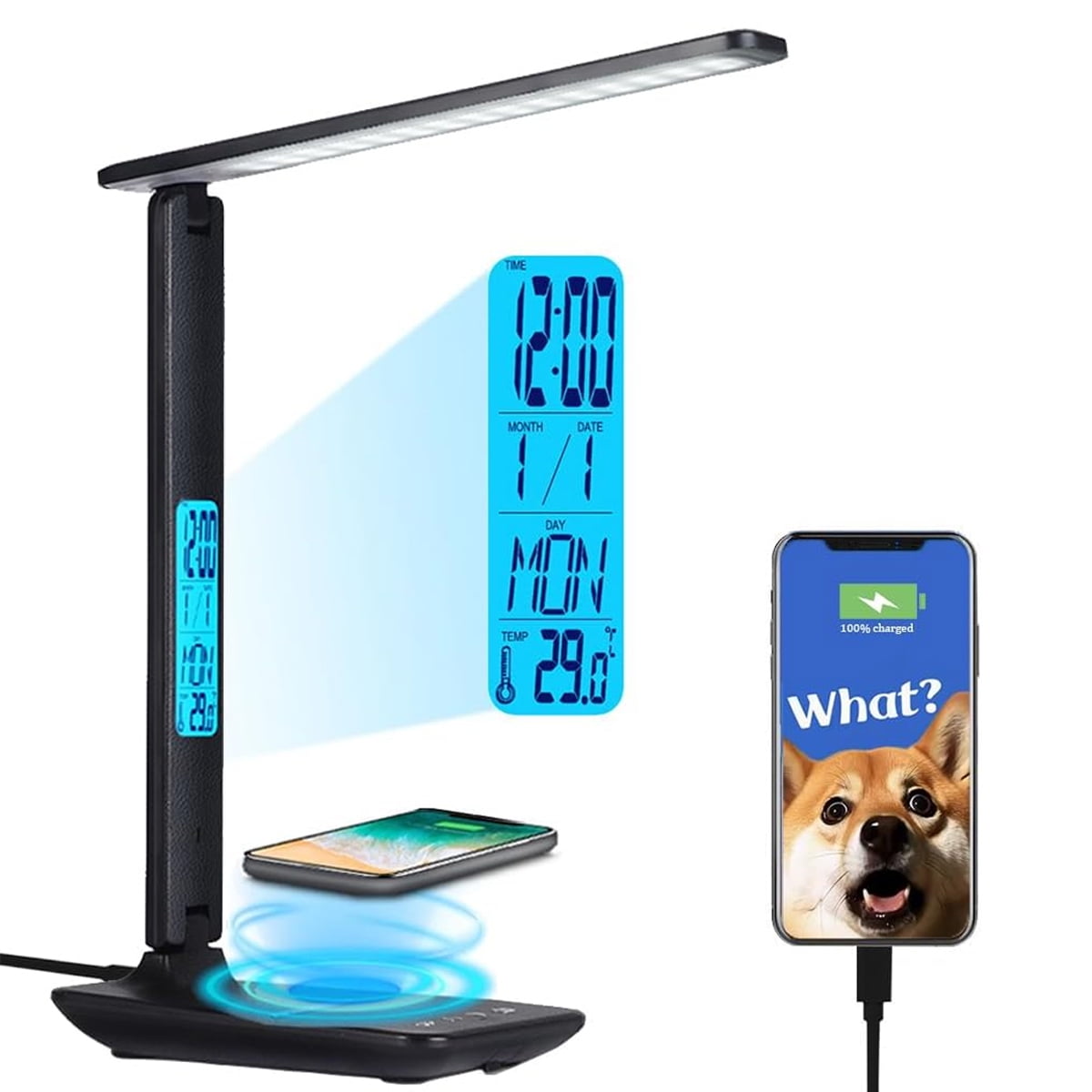 Black Multifunctional LED Desk Lamp with Wireless Charger and Clock