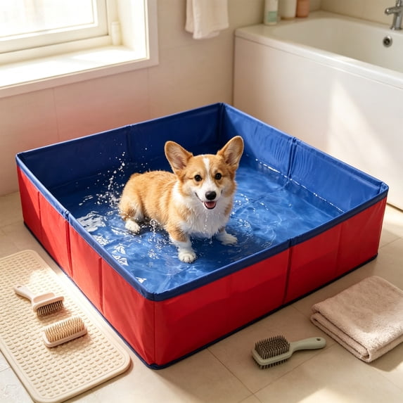 Foldable Pet Bath Tub, 31.5 Inch Red PVC Pool, Portable Kiddie Pool for Dogs and Youth