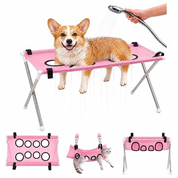 Foldable Pet Bathing Stand Pet, Portable Dog Cat Bathing Bed Stand with Stable Stainless Steel Frame & Quick-Dry Mesh Foldable for Bathing, Brushing,Pink