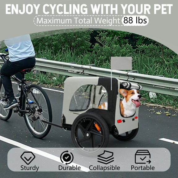 Foldable Pet Bike Trailer for Small to Medium Dogs, Steel Dog Trailer with 16-Inch All-Terrain Wheels, Universal Hitch, Black+Grey, 66 lbs Capacity