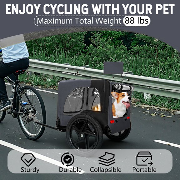 Foldable Pet Bike Trailer for Small to Medium Dogs, Steel Frame with 16-Inch All-Terrain Wheels, Universal Hitch, Black & Dark Gray, 66 lbs Capacity
