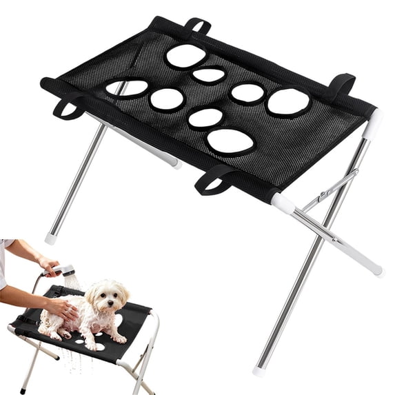 Foldable Pet Grooming Bath Stand Black, Adjustable Height Dog Bathing Support with Stable Metal Tube Frame & Breathable Mesh, Pet Bath Grooming Station for Small Medium Dogs Cats