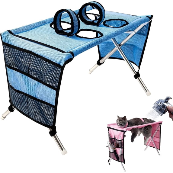 Foldable Pet Grooming Table Pet Washing Station with Strap, Pet Grooming Hammock, Dog Grooming Hammock, Supports Pets up for Bathing, Grooming and Nail Clipping. Blue