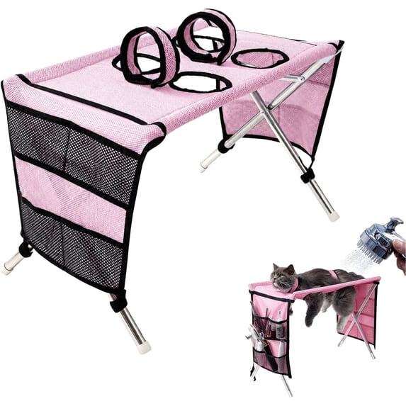 Foldable Pet Grooming Table Pet Washing Station with Strap, Pet Grooming Hammock, Dog Grooming Hammock, Supports Pets up for Bathing, Grooming and Nail Clipping. Pink