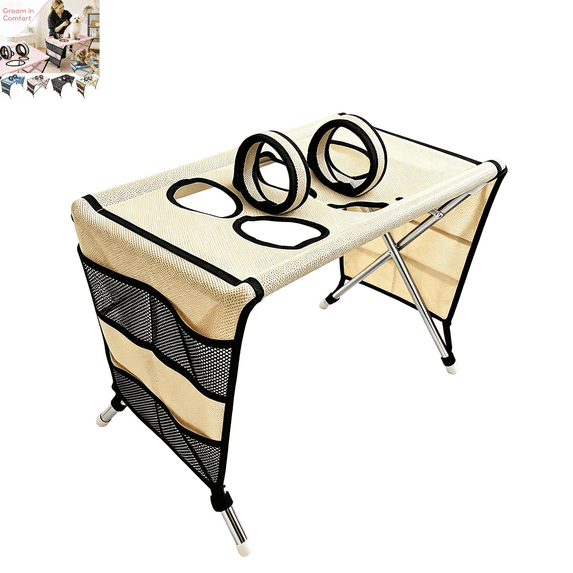 Foldable Pet Grooming Table, Portable Collapsible Dog Grooming Desk with Secure Restraint Loops, Indoor Home, Practical Pet Grooming Work Station Khaki