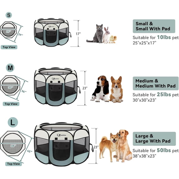 Foldable Pet Playpen for Dogs Cats Rabbits - Grey Small Portable Pop Up Kennel with Carrying Case