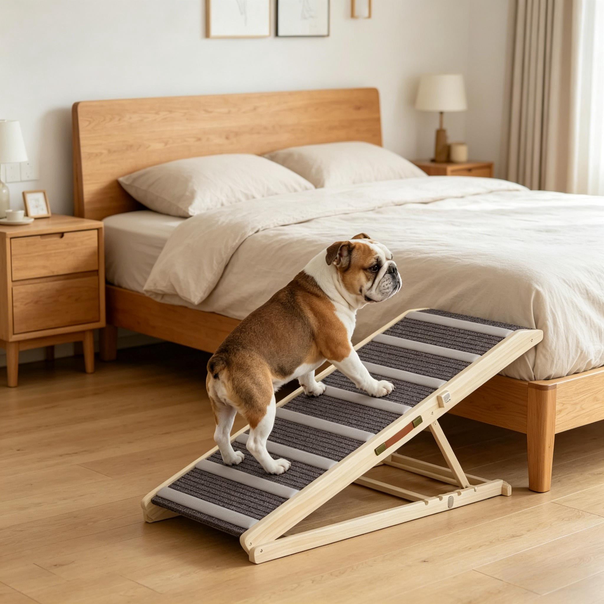 Foldable Pet Ramp for Dog & Cat, 4 Adjustable Height, Solid Pine Wood Pet Ramp with 900GSM Non-Slip Carpet, Portable Gentle Incline Climbing Ramp for Bed Sofa Car, Supports Up to 110 lbs