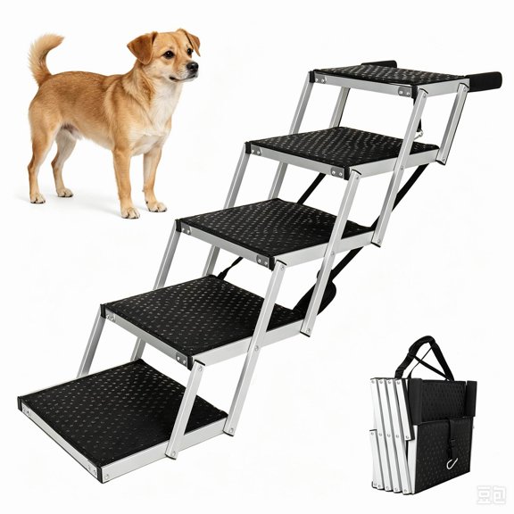 Foldable Pet Staircase with Aluminum Alloy Frame, 5 Steps, Non-slip Surface, and Soft Foam Handles. Suitable for Cars, High Beds, Trucks, Etc. Maximum Load Capacity 250 Lbs
