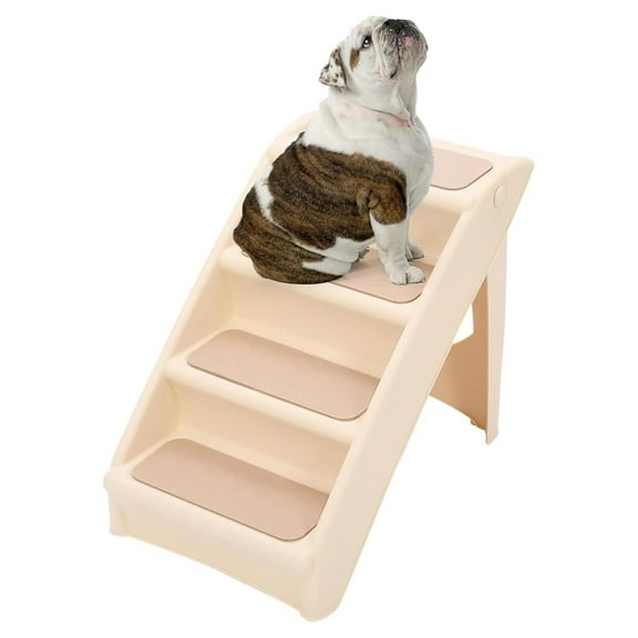 Foldable Pet Stairs for Dogs & Cats - 4 Step High Bed Couch Access - Portable Non-Slip Ladder - Indoor Outdoor Use - Beige PP
