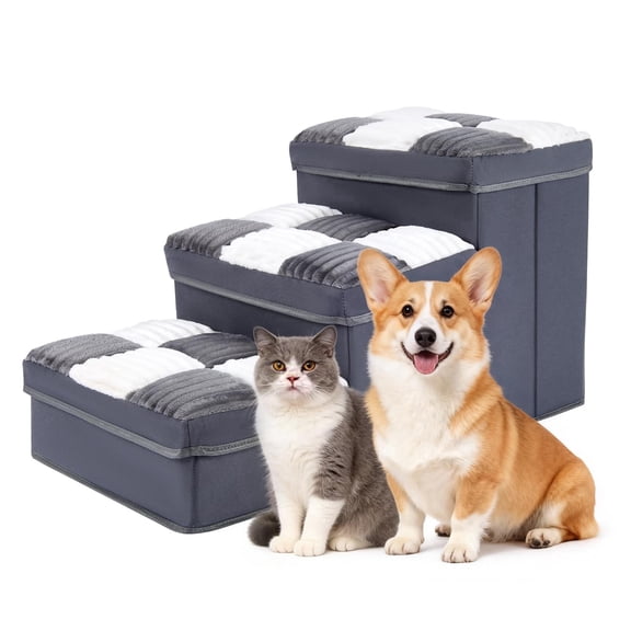 PAHTTO Foldable 3-Step Plastic Pet Stairs with Storage and Soft Cover, Gray