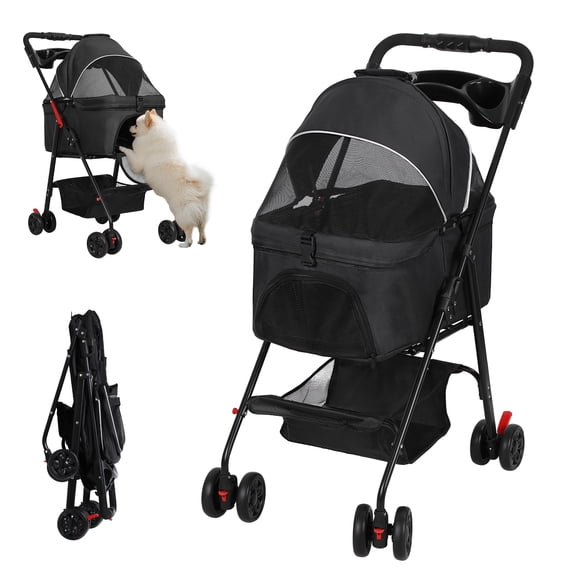 Foldable Pet Stroller, 4 Wheel Dog and Cat Stroller with Removable Carrier, Breathable Mesh Canopy, Storage Basket and Cup Holder, Pet Carrying Cart Holds Up to 17.6lbs for Walks Outings Shopping