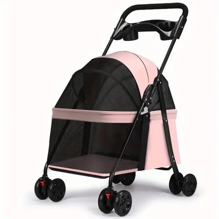 Foldable Pet Stroller Dog Pram, Lightweight Mesh Four-Wheel Cat Dog Carrier with Cup Holder and Storage Basket for Small/Medium Pets, Pink