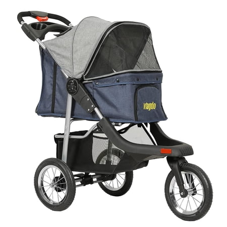 Foldable Pet Stroller Heavy Duty Dog Stroller with Suspension System/Link Brake/One-Hand Fold for Small Medium Dogs & Cats, Blue&Grey