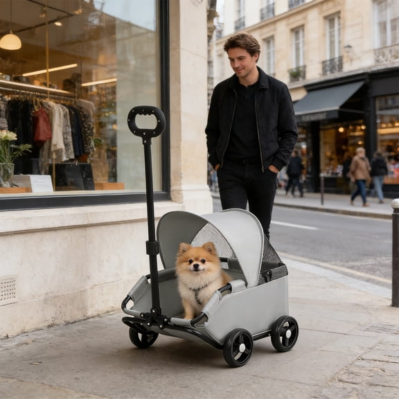 Foldable Pet Stroller Trailer Sun Shading, Portable Outdoor Cart for Cats and Small Dogs, Spacious Ventilated Carrier for Hiking and Camping, Compact Storage Pet Transport Trolley