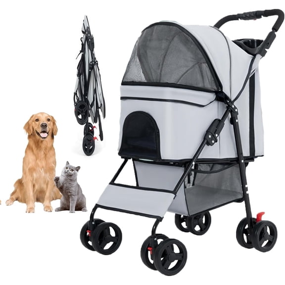Foldable Pet Stroller with Weather Cover, Storage Basket, Cup Holder and Breathable Mesh for Dogs up to 30lbs, Grey