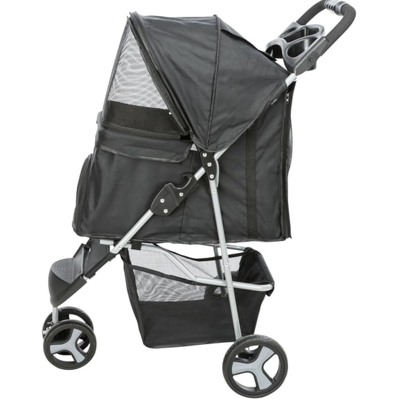 Foldable Pet Stroller for Cats and Dogs, Pet Carrier Strolling Cart with Weather Cover, Storage Basket, Cup Holder
