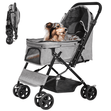 Pet Stroller 4 Wheel Cat & Dog with Storage Basket Foldable Lightweight Trolley for Small Medium Dog Cat