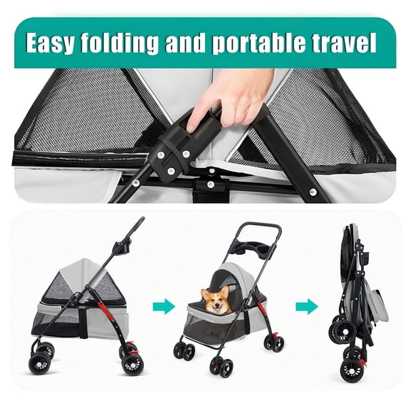 Foldable Pet Stroller for Small Dogs & Cats, Large Mesh Cabin with Cup Holders, 4-Wheel Compact Dog Stroller up to 22 lbs, Light Grey