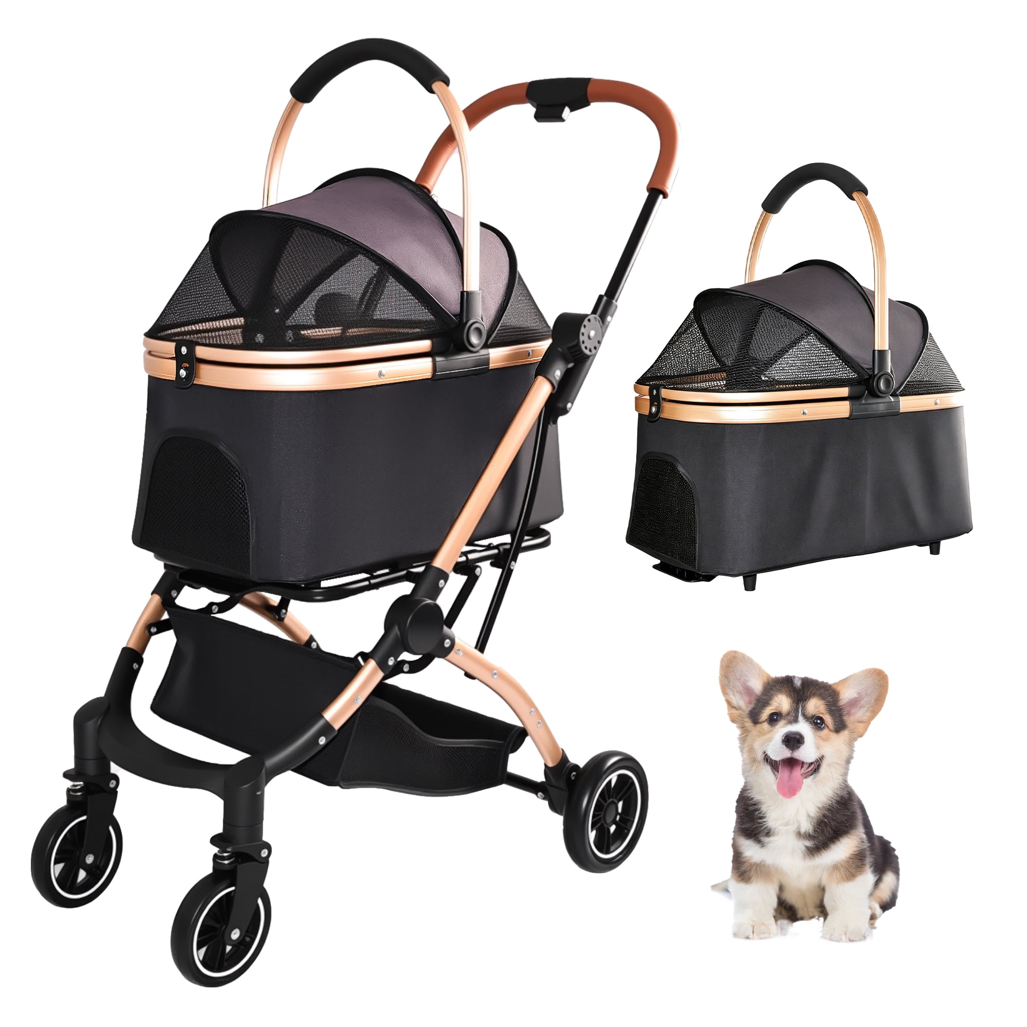 Foldable Pet Stroller for Small/Medium Dogs and Cats, Convertible Pet Cart with Detachable Carrier, Caster & Storage Basket