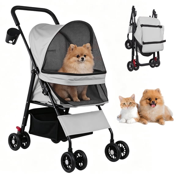Foldable Pet Stroller with Weather Cover, Storage Basket, Cup Holder and Breathable Mesh for Dogs up to 30lbs, Grey