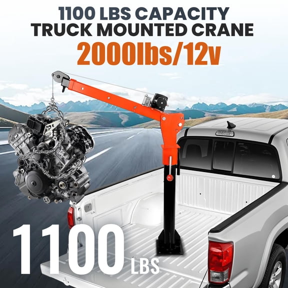 Foldable Pickup Truck Jib Crane, 3 Height Adjustable Bed Hoist, 2000 lbs 12v Electric Winch, 3-Stage Telescoping Boom, 360 Swivel Alloy Steel Orange Hoist for Pickup Truck Cargo Engine Lifting