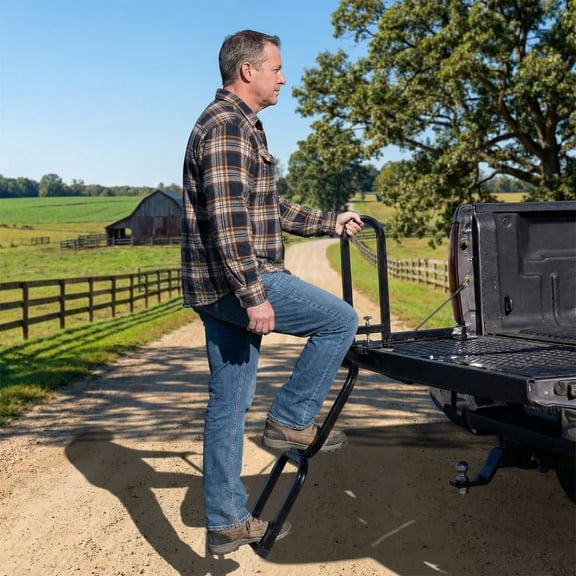 Foldable Pickup Truck Tailgate Two-Step Ladder Universal Fit 300 LBS Load Capacity Truck Bed Step with Handrail Black