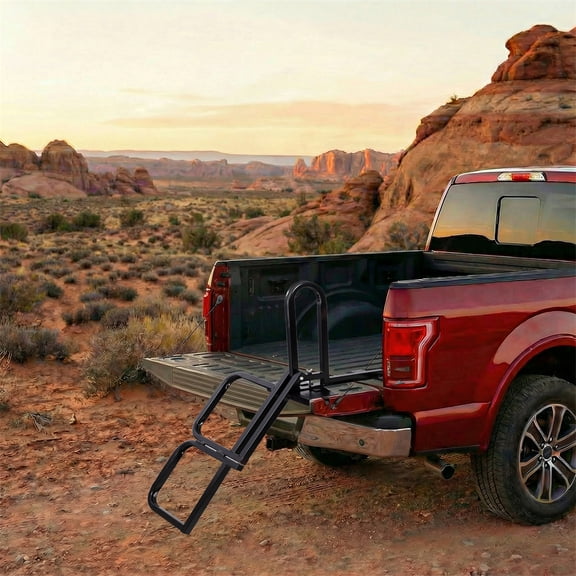 Foldable Pickup Truck Tailgate Two-Step Ladder - Universal Fit. Drilling Hex Screws for Easy Install. Load Capacity: 300 LBS.