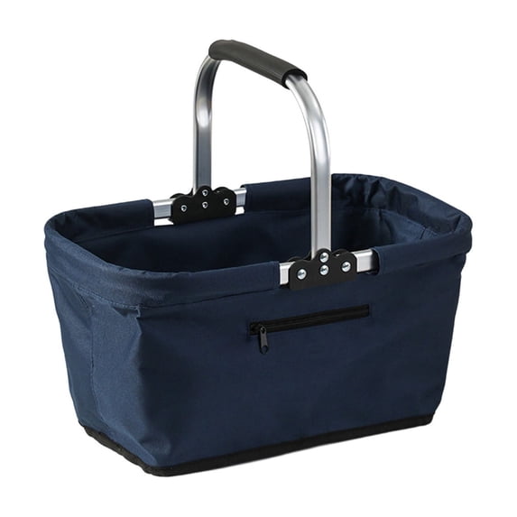 Foldable Picnic Basket Insulated Cooler Tote Oxford Cloth Shopping Bag For Camping Travel Grocery Navy