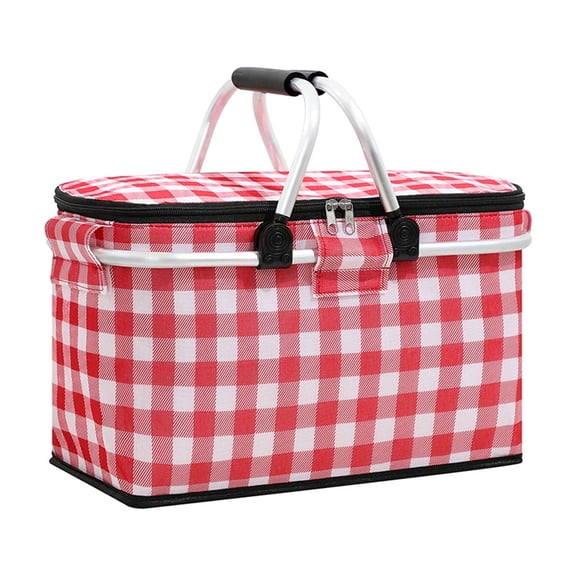 Foldable Picnic Basket with Insulated Liner, Yellow Gingham Oxford Cooler Bag with Metal Handles for Outdoor Camping Beach BBQ