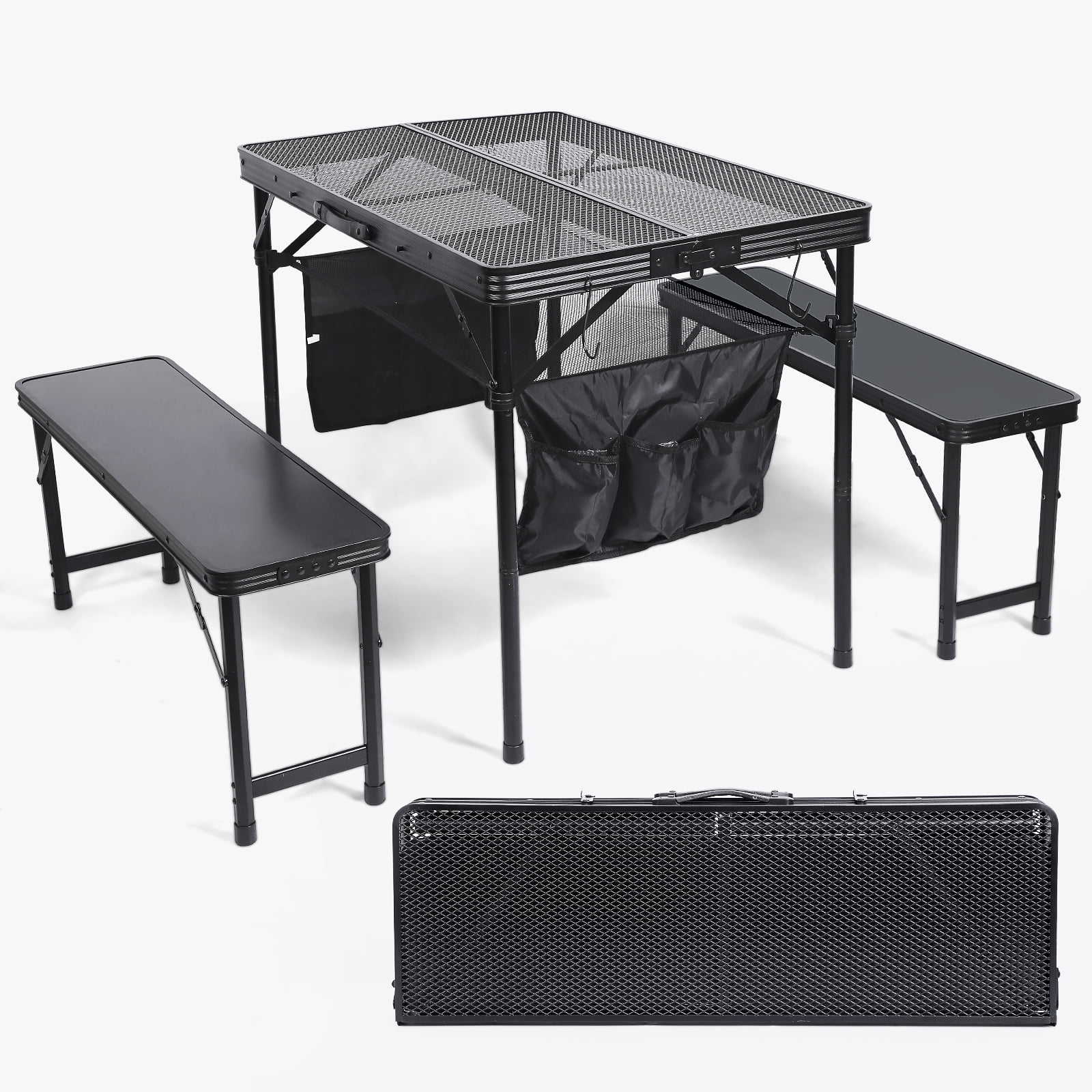 Black Foldable Outdoor Picnic Table Set with Mesh Net