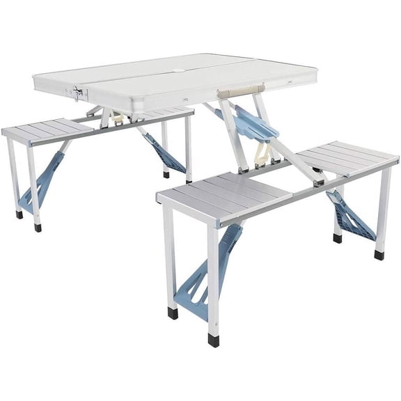 Foldable Picnic Table Suitcase with 4 Seats Umbrella Hole Chairs Set for Travel Camping Outdoor Silver
