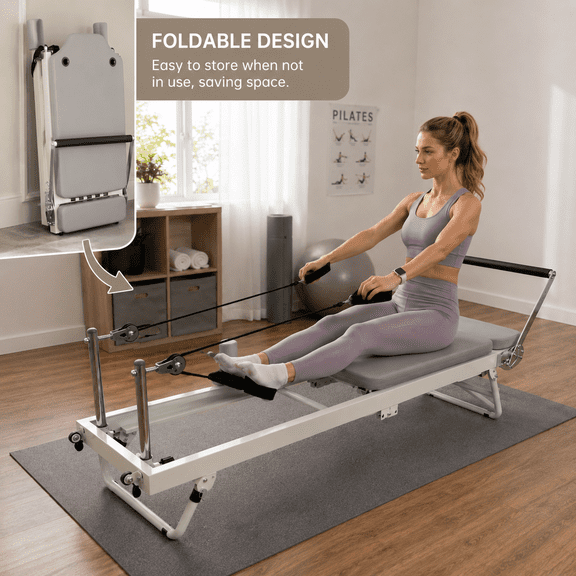 Foldable Pilates Machine, 500 lbs Capacity Pilates Machine Bed, 75 x 22 x 30 in, Steel Sliding Rails, 3-Level Pulley Stand, Foot Bar for Studio