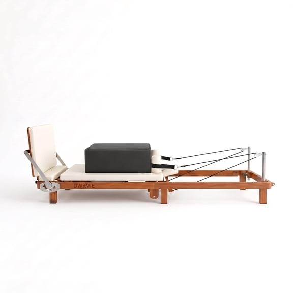 Foldable Pilates Reformer – 88" Home Gym Equipment with Jumpboard & Pilates Box, Dual Resistance Springs + Latex, Walnut Wood Finish Frame & White Leather Carriage